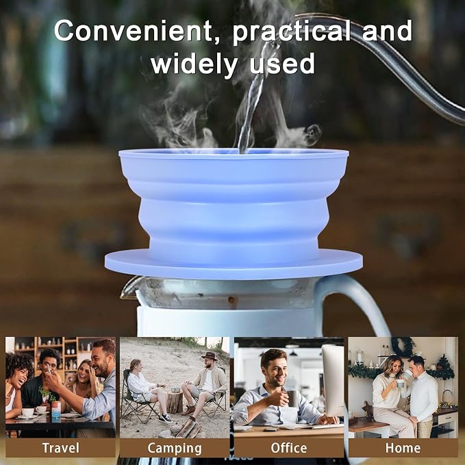 Collapsible Paperless Pour Over Coffee Dripper, Single Cup Travel Pour Over Coffee Maker Camping, Portable Silicone PourOver Coffee Filter with Reusable Metal Mesh Filter (Blue)