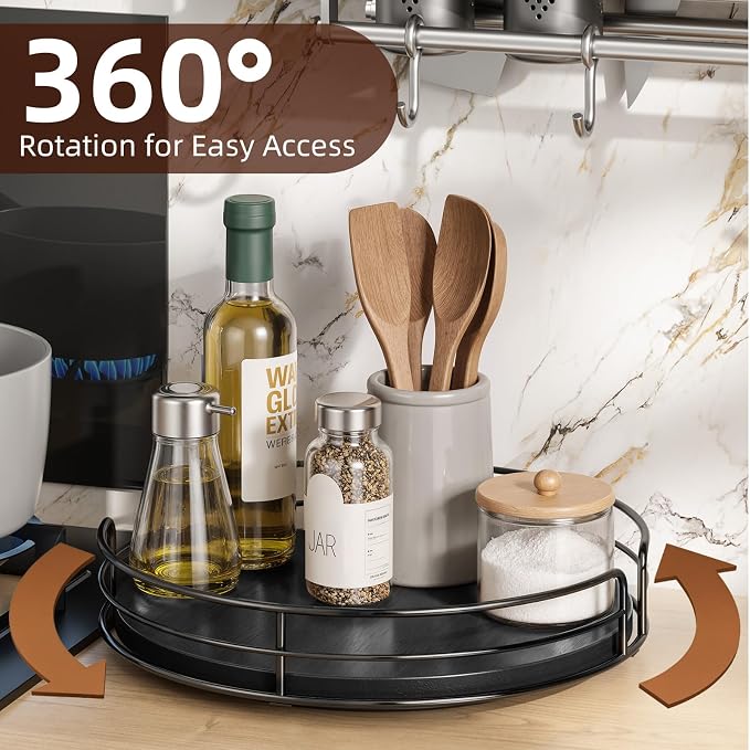 Optish 10" Lazy Susan Turntable for Table Top, Wooden Lazy Susan Organizer for Cabinet, Kitchen, Countertop, Pantry, Spice Organizer, Bathroom, Vanity, Table Decor, Black, Non-Slip Bottom