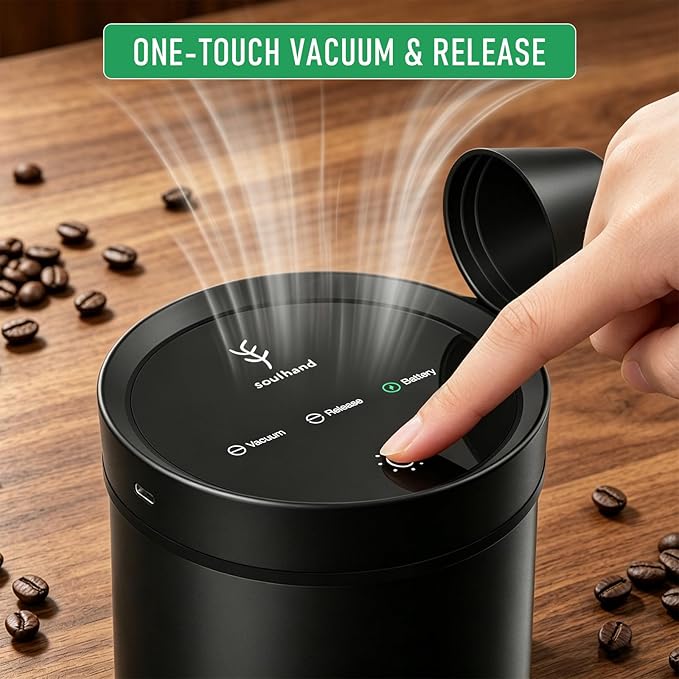 Vacuum Coffee Canister, 1.6L Stainless Steel Airtight Coffee Storage | Electric Auto Vacuum Seal Lid with Touch Screen, Airtight Design for Coffee Beans,Grounds,Food Preservation,Black
