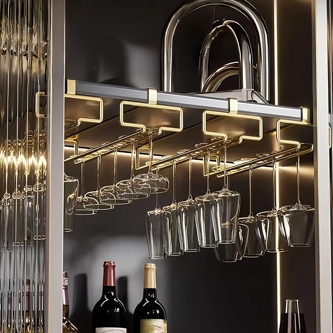 GLOBLELAND 2 Pack Under Cabinet Wine Glass Holder Under Shelf Gold Wine Glass Rack Stemware Rack Hanging Stemware Holder Metal Organizer Storage Hanger for Bar Kitchen