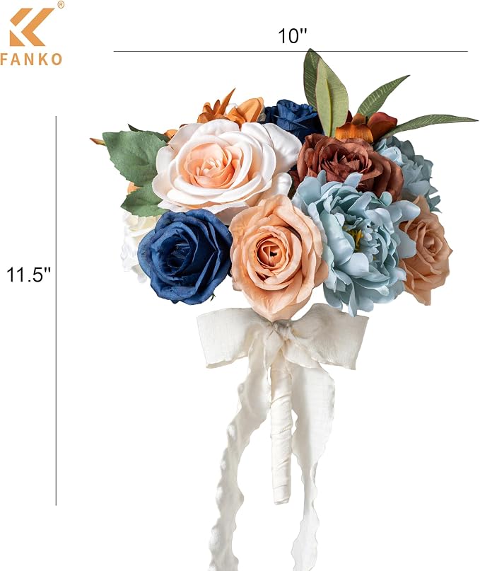 FANKO Artificial Flowers for DIY, Navy Blue Brown Peach Faux Flowers Bouquet, Colorful Fake Rose Peony Poppy Silk Flowers for Vase, Home Decor, Garland, Summer Wedding, Birthday, Party