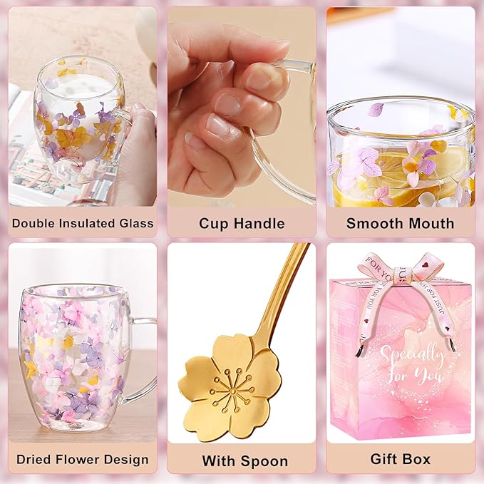 Double Wall Glass Coffee Mugs, Aesthetic Dried Flowers Cups with Handles,Espresso Cups for Cappuccino Coffee Tea Milk,Insulated Heat Resistant Glass Mug Christmas Birthday Gifts for Women