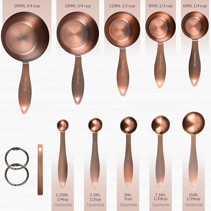 Copper measuring cups and spoons set,Includes Stainless Steel 5 Measuring Cups and 5 Measuring Spoons and Measure Ingredient Leveler and Rings（copper）