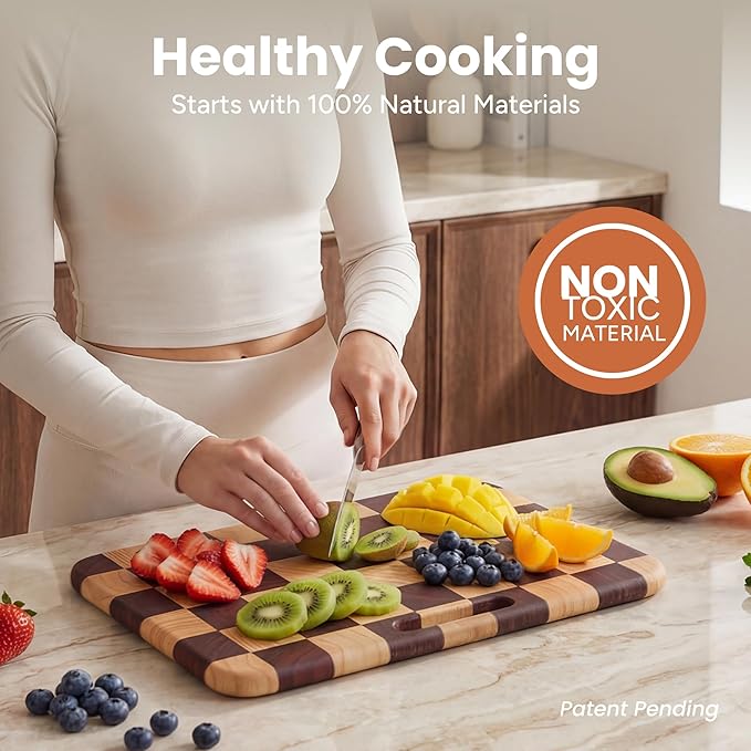 SMIRLY Wooden Cutting Boards for Kitchen, Double-Sided Cutting Board with Handle, Heavy Duty Solid Rubber Wood Cutting Board Set with Stand, 3 Pcs Cutting Boards Non Toxic for Meat Vegetable Fruit