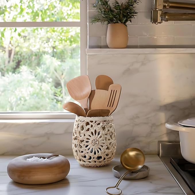 Farmhouse Kitchen Utensil Holder for Kitchen Counter, Ceramic Large Cooking Utensil Crock with Cork Mat, Countertop Cooking Tool Spatula Organizer, Beige Antique Design