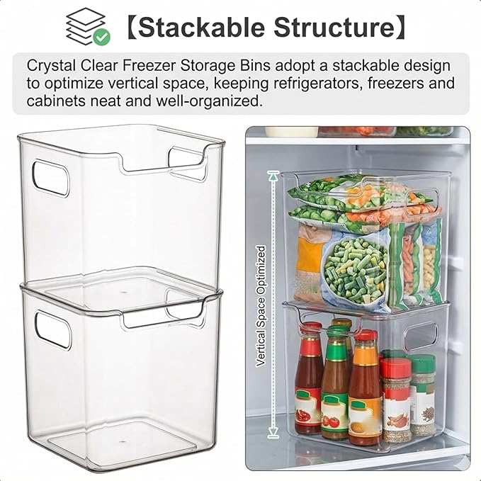 Clear Freezer Storage Bins – Plastic Bins for Refrigerator and Pantry, Stackable Clear Plastic Organizer Containers with Handles for Pantries, Bathrooms, and Cabinets (S,B8pc)