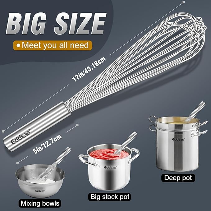 Eddeas 17in/43cm Extra Large Whisk,5Ib Heavy Duty Whisk, 2.4mm Wire Whisk Suitable for Mixing Thick batter and Large batch soup.Not suitable for individual small batch production(Silver)