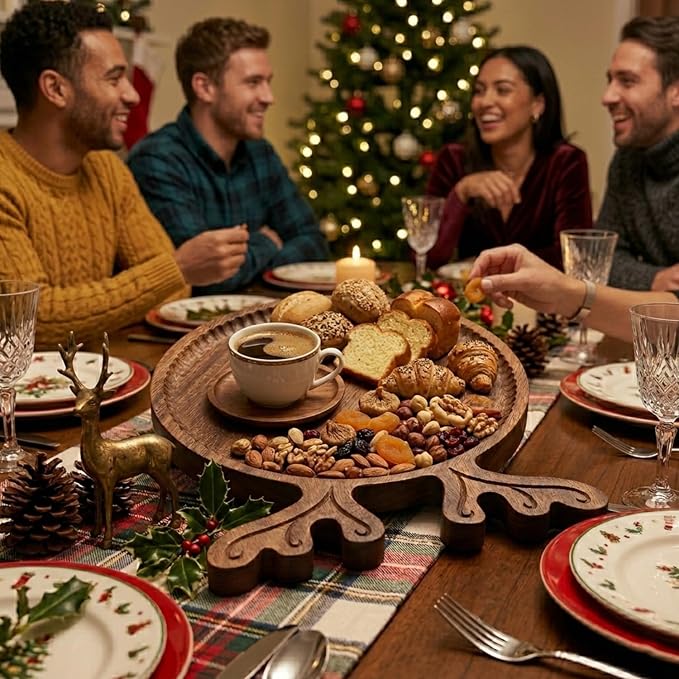 Acacia Wood Serving Board, 11.8" Unique Reindeer Deer Antler Shape Wooden Platter with Fluted Edge, Decorative Round Wood Charcuterie Board for Snacks, Cheese, Holiday Table Centerpiece