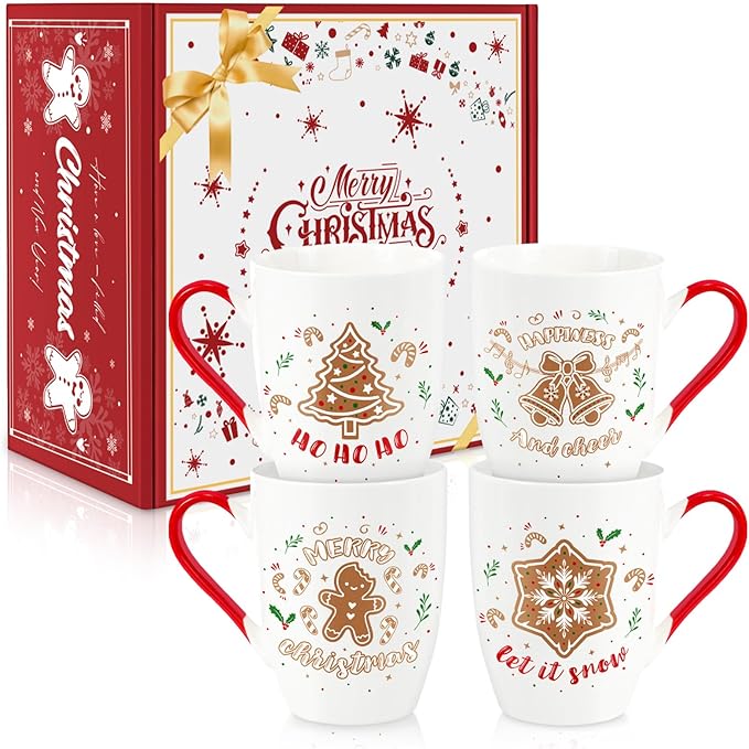 Christmas Coffee Mug Set of 4, 12 oz Gingerbread Man Coffee Mug with Handle, Hot Cocoa Ceramic Mugs with Gift Box for Mom Woman Family Friends Colleagues