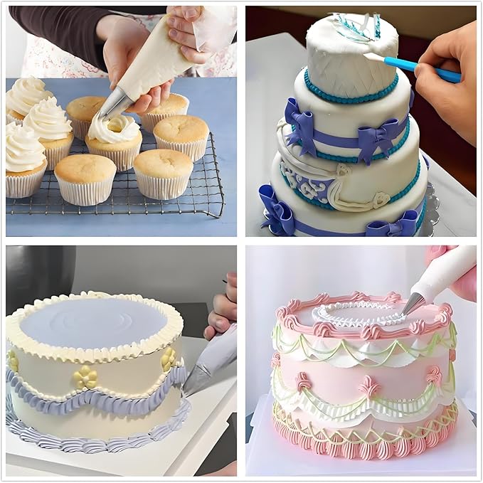 Piping Bags and Tips Set, 130 Pcs with 48 Numbered Icing Tips, 7 Russian Tips, 1 Ball Tip, 2 Leaf Tips, 8 Carved Pens, 4 Couplers, 50 Pastry Bags & More for Cake Cupcake Decorating