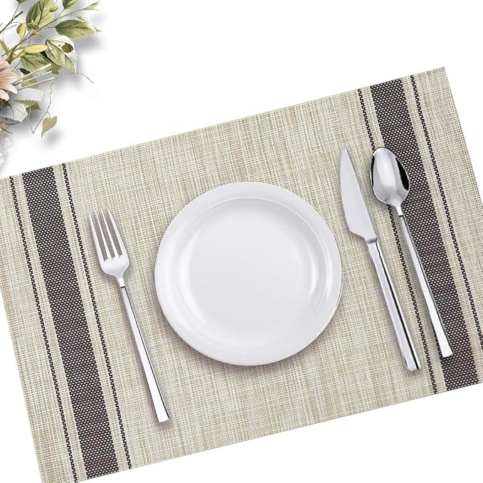Table Mats Set of 6 Crossweave Woven Vinyl Placemats Heat Resistant Non-Slip Kitchen Placemats for Dining Table Washable Easy to Clean(Grey)