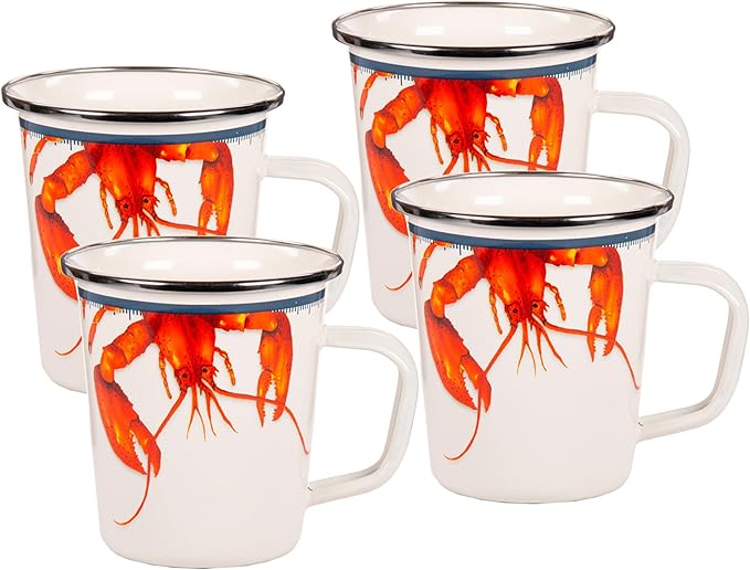 Golden Rabbit Enamelware Latte Coffee or Tea Mugs, 16 ounce, Lobster, Set of 4