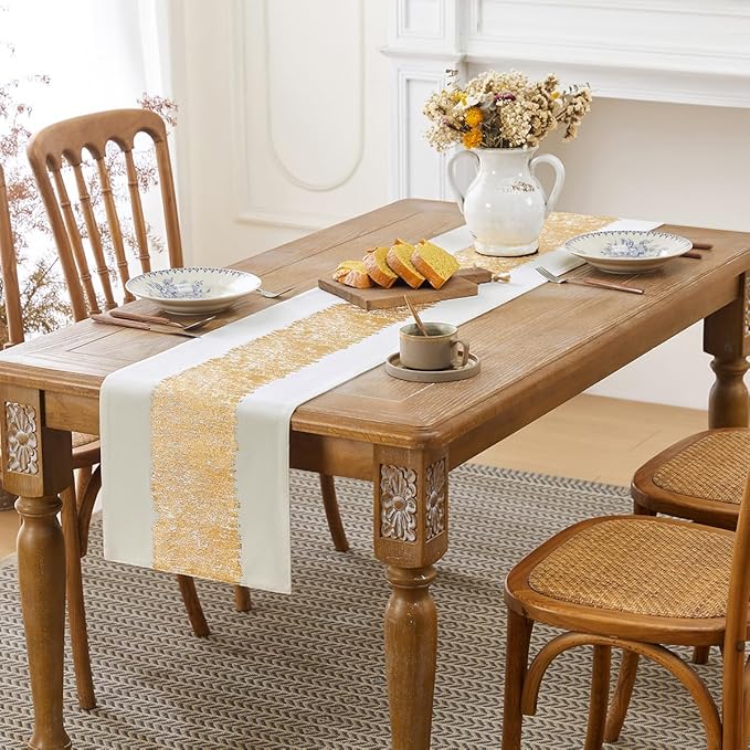 Metallic Style Table Runner, Cotton and Linen Gold Table Runners 48 inches Long,Pre-Pressed Metal Striping Process, Birthday Wedding Decorations for Home Living Room Decor(Gold, 13"x48")