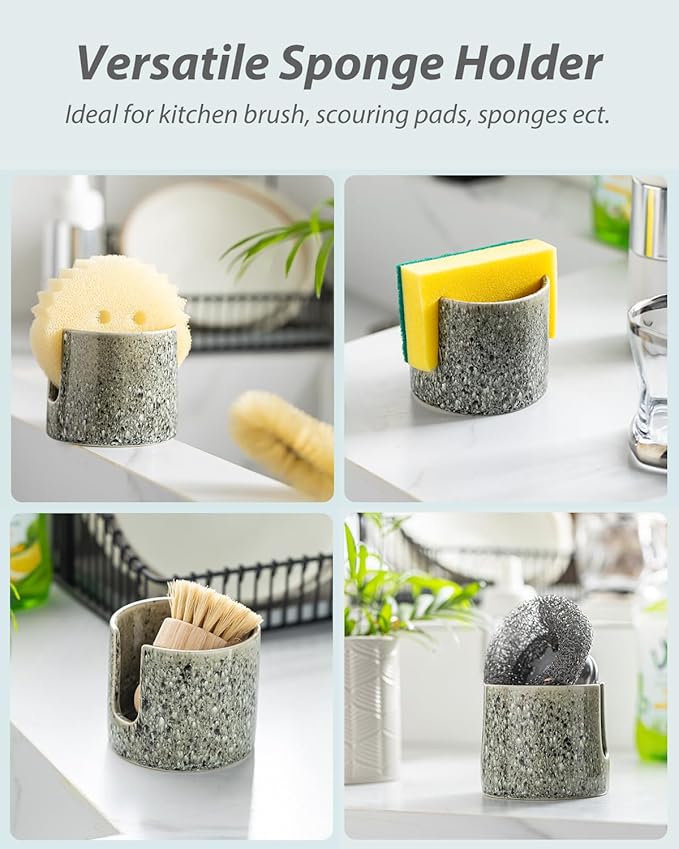 Zoeeker Kitchen Sponge Holder, Ceramic Dish Sponge Holder Scrubby Daddy Farmhouse Dish Rack Brush Holder for Bathroom, Kitchen, Sink, Special Gray