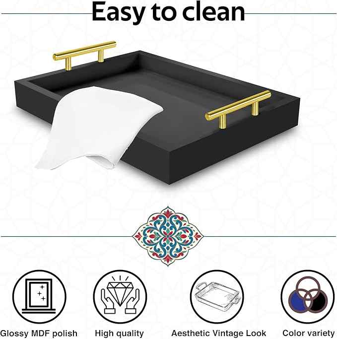 JollyCaper - Coffee Table Tray - with Gold and Silver Metal Handles for Serving, Home Decor, Bathroom, Ottoman Design, Wooden Tray 16x12in (Black)