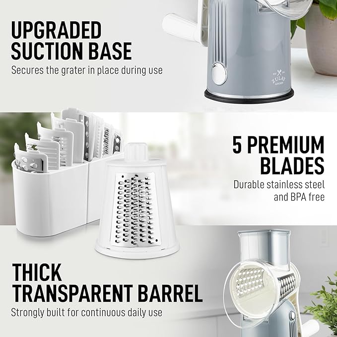 Zulay Kitchen Rotary Cheese Grater 5 Blade Cheese Shredder - Manual Hand Crank Cheese Grater With Reinforced Suction & 5 Interchangeable Drums - Easy to Use, Vegetable Chopper Round Mandoline Slicer
