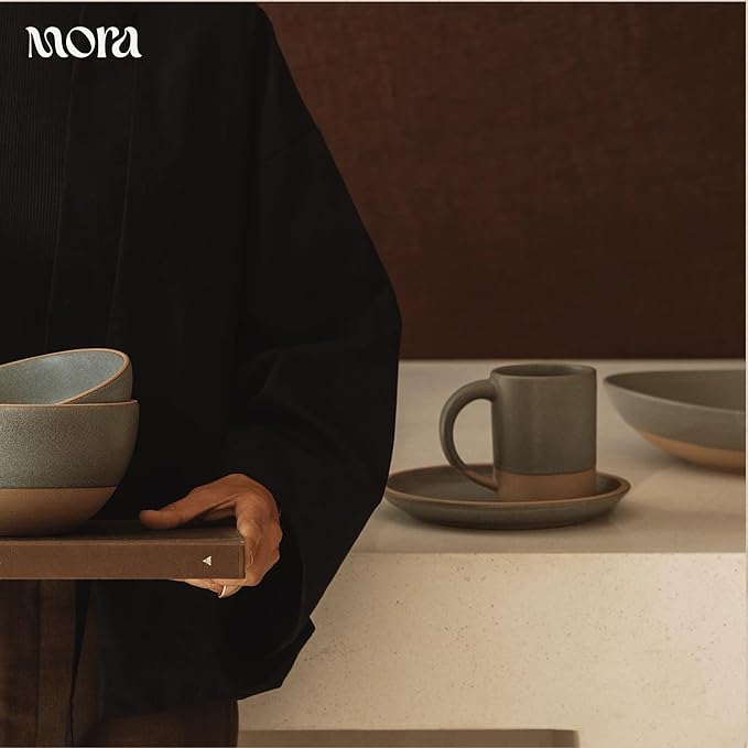 MORA Medium Mugs Set of 4, 16oz Ceramic Pottery Latte Mugs/Coffee Cups - Microwave and Dishwasher Safe - Peppercorn