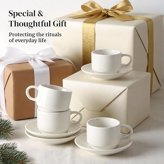 DOWAN 2.5 Ounce Porcelain Stackable Espresso Cups with Saucers Set of 4, White Espresso Cups for Home, Office and Cafe Use