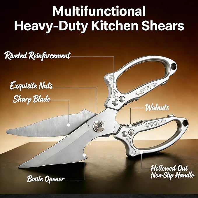 Silver Kitchen Shears Heavy Duty Stainless Steel, Multipurpose Cooking Scissors for Meat, Chicken, Poultry & Vegetables, Sharp Food Scissors for Kitchen Use