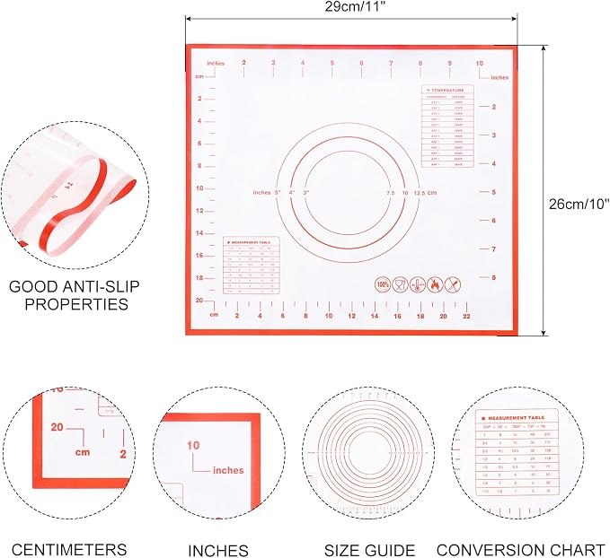 uxcell Silicone Baking Mat, 10 x 11 Inch Non Stick Pastry Mat Sheet, Counter Mat Reusable Oven Baking Mat for Pastry Rolling Dough with Measurements, Red