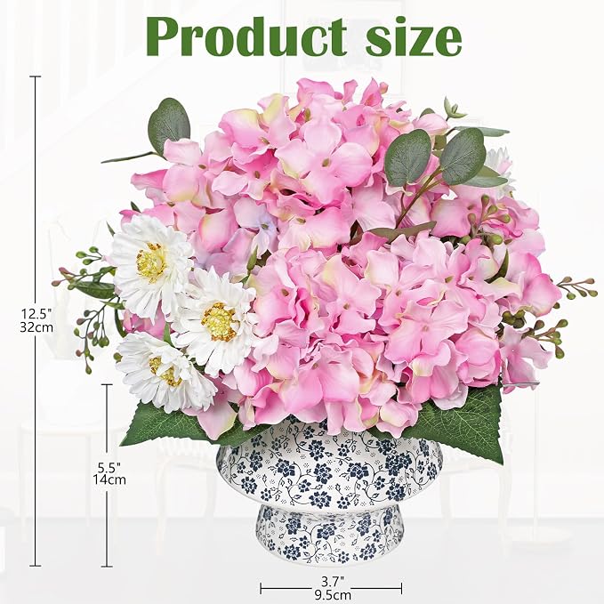 Briful Centerpiece for Dining Table with Faux Hydrangea, Artificial Pink Hydrangea Arrangement in Blue & White Vase, Dining Table Decor Farmhouse Coffee Table Decor, Fake Flowers in Vase Home Decor