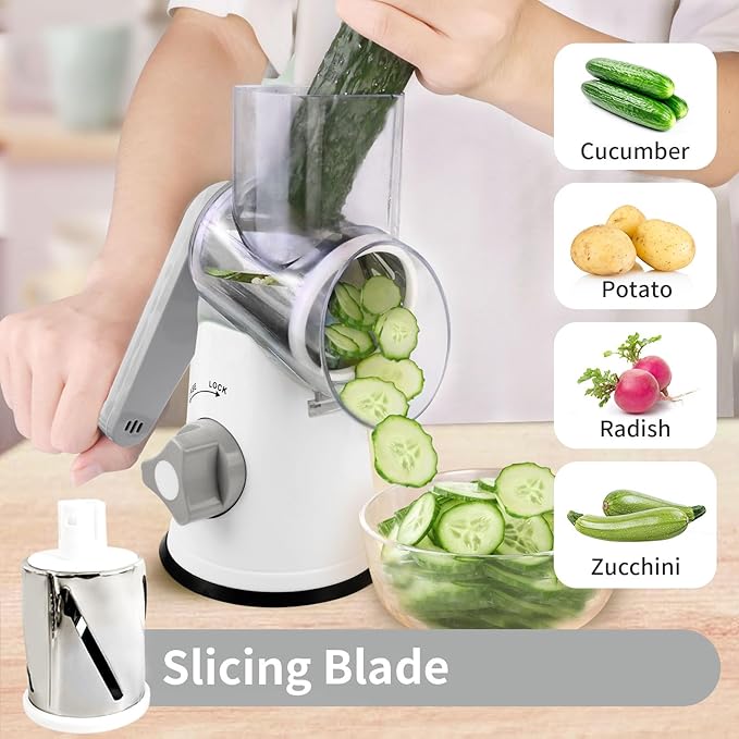 Rotary Cheese Grater, Manual Cheese Shredder with 3 Interchangeable Blades, Cheese Grater Hand Crank with Strong Suction Base, Easy to Use and Clean, White