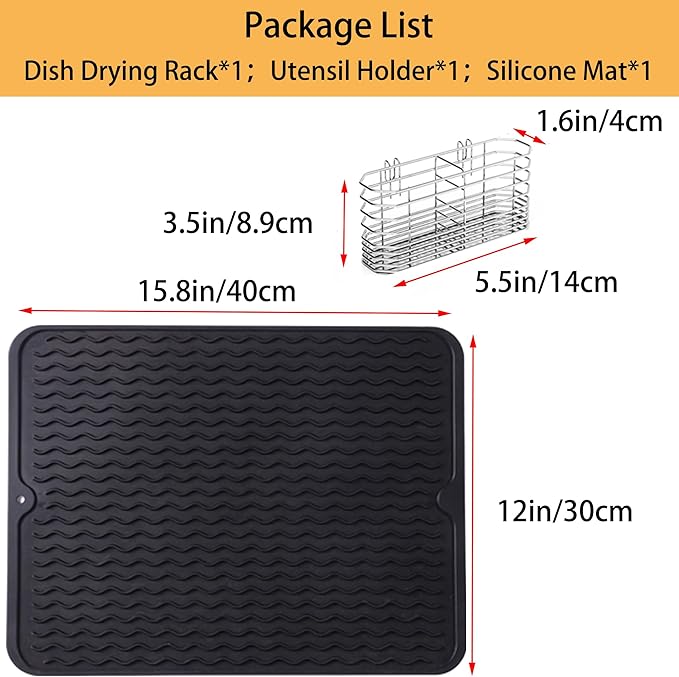 NiuYichee Stainless Steel Dish Drying Rack(15"L x 8.3"W x 4.2"D), Expandable Fruit & Vegetable Drain Rack over Sink, Dish Drainer Rack in Sink, with Stainless Steel Utensil Holder & 16" Silicone Mat