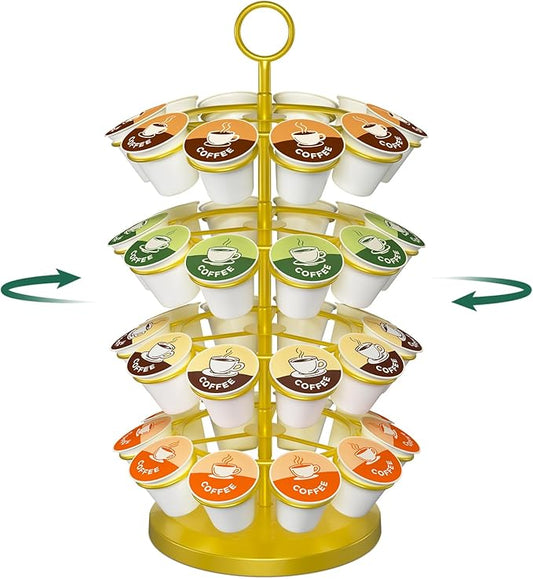 EsLuker.ly K Cup Holder Coffee Pod Organizer Carousel for Counter, Metal Storage Rack Stand for Kitchen, Rotatable 4 Tier Pod Tower Tree for 40 K Cups, Space Saving Meets Elegance, Gold