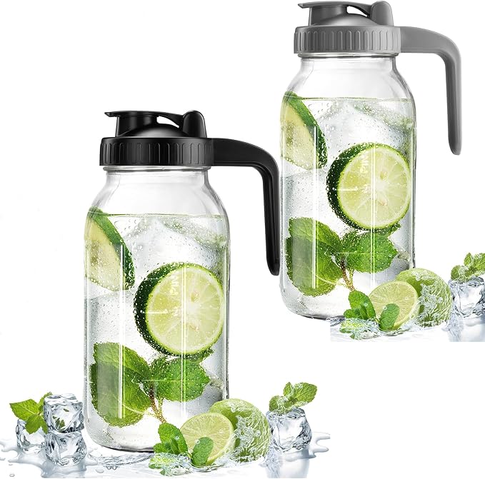2 Pack Mason Jar with Pour Spout Lid V-shaped, 64 oz Sun Tea Jar Double Leak Proof, 2 Quart Drink Pitcher for Breastmilk, Sun Tea, Juice, Coffee Creamer, Iced Tea Pitcher