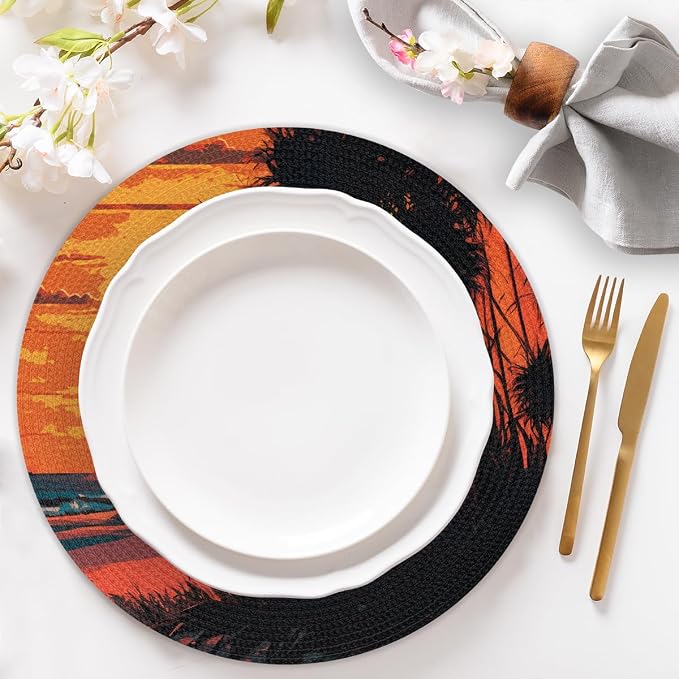 Round Placemats Set of 4, Summer Beach Sunrise Trees Woven Placemats Mats Non-Slip Heat Resistant Washable Table Mats Round Braided Place for Farmhouse Kitchen Dining Party Decor 15in