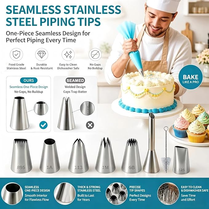 10 Pcs Reusable Silicone Piping Bags and Tips Set, Stainless Steel Icing Nozzles with Coupler & Cleaner Brush, Dishwasher Safe Cake Cupcake Cookie Decorating Kit, Home Bakers & Chefs