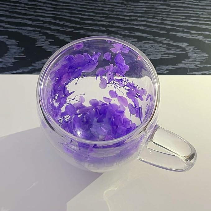Double Walled Glass Coffee Mugs Flower Coffee Mug With Handle Insulated Heat Resistant Glass Cups Decorative 10 oz Clear Cappuccino Cup For Hot Cold Tea Milk Latte Wine Beverage (Purple)