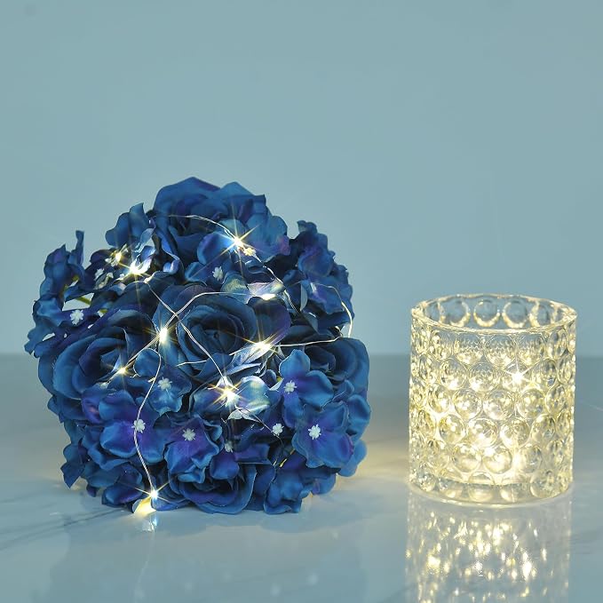 Rose Silk Flower Arrangement Artificial Vivid Rose in Glass Vase with LED Light Elegant Centerpiece for Home Wedding Bathroom Table Shelf Decoration (Navy Blue)