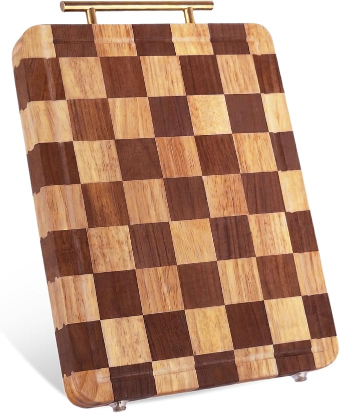 Checkered Cutting Board for Kitchen – 13.7"x9.8"x1.18" Rubber Wood Butcher Block with Juice Groove & Steel Handle, Heavy Duty Non-Slip Chopping Board for Charcuterie, Housewarming Gift