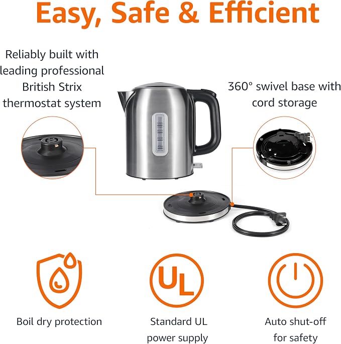 Amazon Basics Electric Kettle, Tea Kettle & Water Boiler with Auto Shut-Off, Boil Dry Protection, Strix Thermostat, BPA-Free, 1500W, 1.1Qt (1L), Stainless Steel, New Model, Black & Silver
