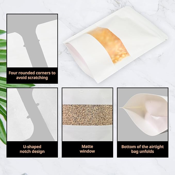 80PCS 5.5"X8" Kraft Paper Bags with Window,Resealable White Small Stand Up Pouches for Food Storage,Reusable Zipper Lock Packaging Bags for Small Business&Personal,Cookie,Snacks,Tea,Coffee