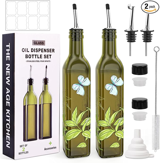 COOLMI Oil and Vinegar Dispenser Set - 17oz/500ML Premium Glass Olive Oil Dispenser Bottles for Kitchen, Oil Dispenser for Kitchen (Butterfly)