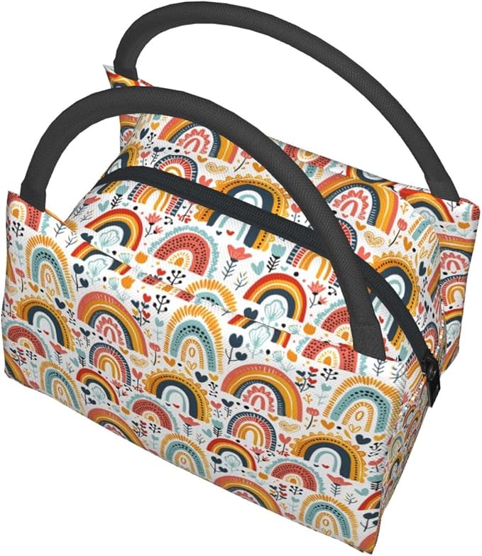 Cute Rainbow Lunch Box for Women Girls Kids Insulated Cartoon Design with Heart Lunch Bag for Work Picnic Camping Travel Gifts School Large Capacity Cooler Thermal Reusable Tote Makeup Bags