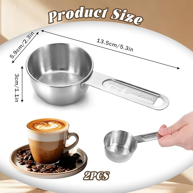 2 Pcs 1/4 Inch Cup Scoop, 60ml 2oz Stainless Steel Measuring Cup Single Measuring Cups Metal Liquid Coffee Measure Scoop for Cooking, Baking, Kitchen Wet and Dry Ingredients, Dishwasher Safe