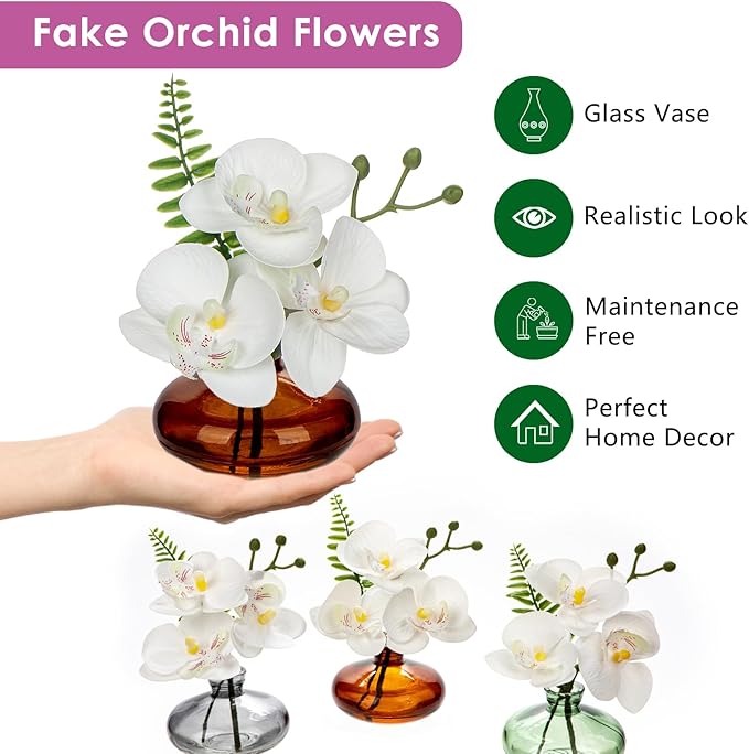 Oairse White Orchids Artificial Flowers Faux Orchids Arrangement in Amber Glass Vases Set of 3 Real Touch Phalaenopsis Orchid Flowers Small Fake Orchid Centerpiece for Dining Room Table