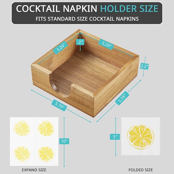 Bivvclaz Acacia Wood Cocktail Napkin Holder, Beverage Napkin Holder for 5 x 5 inch Napkin, Square Paper Napkin Caddy for Bar, Party, Table, Dinner, Kitchen, Bathroom