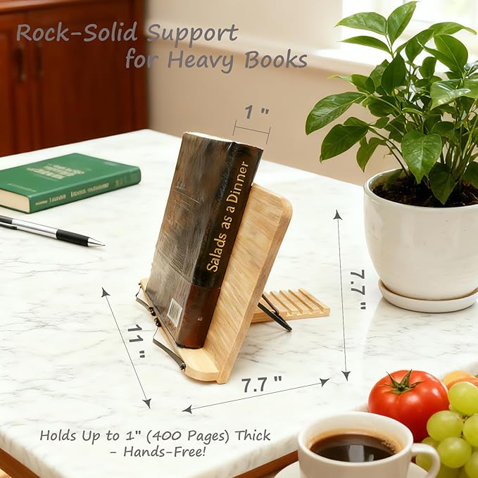 Cookbook Stand for Kitchen Counter, 5-Level Adjustable Elegant Bamboo Recipe Book Holder, All-in-One Design Locks Flat for Easy Storage, Holds 1 inch Thick Books for Cooking, Working, and Studying