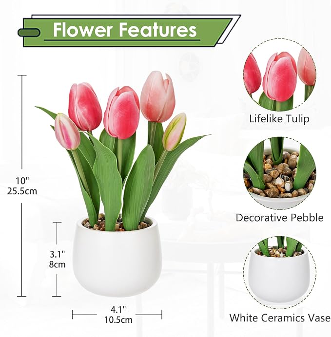 Hollyone Pink Tulips Artificial Flowers in Vase Fake Tulips Silk Flowers Arrangements Faux Tulip Bulbs with Ceramic Pot Tulip Potted Plants Floral Bouquet for Home Decor Table Centerpiece Decorations