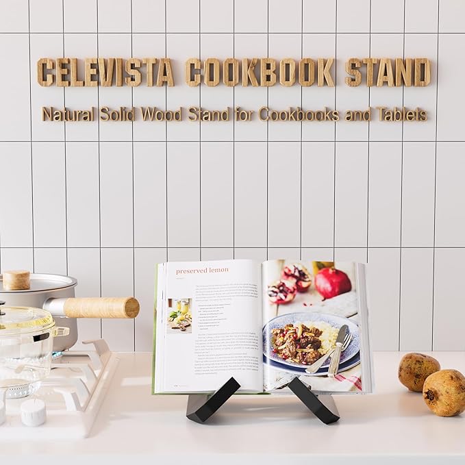 Cookbook Stand for Kitchen, Wooden Cook Book Holder, Plate Stands for Decor Display, Recipe, Counter, Photo, Gift(Black)