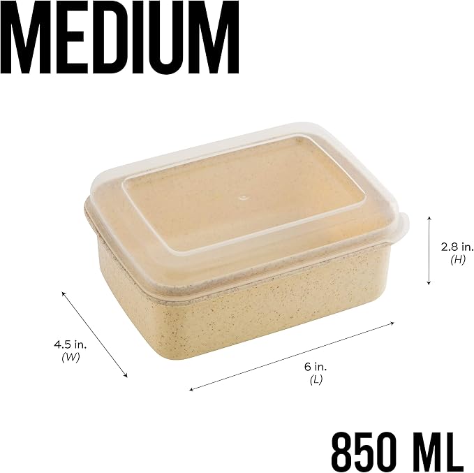 Simplify 6 Piece Set Eco Wheat Plastic Food Storage Containers | Clear Lid | Meal Prep | Leftovers | Kitchen | Lunch | Natural | Rectangular | 3 Sizes