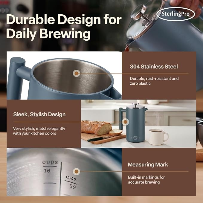 SterlingPro Non-Toxic Extra Large Insulated Stainless Steel French Press Coffee Maker 59oz – Metal XXL Double Wall French Press | Plastic Free | Cool-Touch | Blue Finish | Makes up to 16 Cups / 8 Mugs