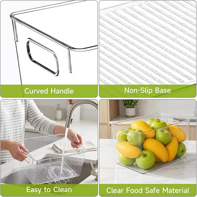 YKIOKE 8 Pack Clear Plastic Storage Bins with Handles,4 Large and 4 Small Stackable Organizer Containers for Kitchen, Countertops, Cabinets, Fridge, Drinks, Fruits, Vegetable, Cereals