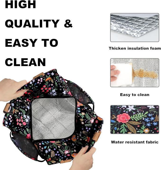 Joymee Lunch Bag Women Leakproof Insulated Floral - Multi-Floral | Large Capacity, Bottle Holder & Side Pockets, Leakproof Insulated Design, for Work, Travel, Picnic & Daily Use, for Adult