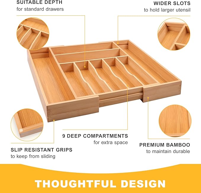 Large Premium Bamboo Silverware Organizer - Expandable Drawer Organizer & Utensil Organizer - 17"x19.7" Cutlery Tray with Dividers for Kitchen Utensils and Flatware (7-9 Slots) (Natural)