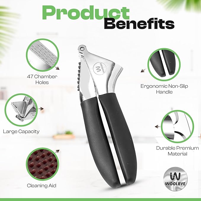 4-in-1 Garlic Press Set - Stainless Steel Garlic Press, Garlic Press, Chopper, Grinder, Grater, Mincer with Peeler, Silicone Tube Roller, Brush and Knife - The Essential Garlic Mincing Kit